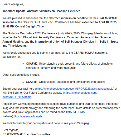 Phillip Harder (@harder_water) on Twitter photo For any students/researchers that dabble in the land-atmosphere interactions and who are on the fence about attending the <a href="/SOILSFUTURE2025/">SOILS FOR OUR FUTURE 2025 Joint Conference Event</a> conference in July please consider submitting to the <a href="/csafm_scmaf/">CSAFM_SCMAF</a> sessions. There are student awards available! For any students/researchers that dabble in the land-atmosphere interactions and who are on the fence about attending the <a href="/SOILSFUTURE2025/">SOILS FOR OUR FUTURE 2025 Joint Conference Event</a> conference in July please consider submitting to the <a href="/csafm_scmaf/">CSAFM_SCMAF</a> sessions. There are student awards available!