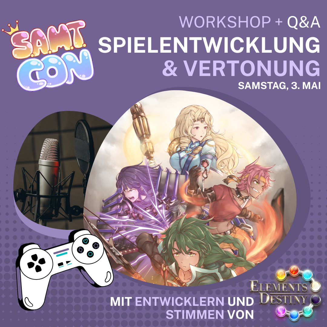 ICH BIN SCHON SO GEHYPED! 💫

<a href="/Suishomaru/">Sui</a> und ich werden am Samstag, 03. Mai auf der SAMT CON einen Workshop zu Elements Destiny, Spielentwicklung und Vertonung halten!

Mit dabei sind auch Sprecher von <a href="/GameEDofficial/">Elements Destiny | @DOKOMI HALLE 9</a>! 👀

Alle Infos gibt es zeitnah zur Con!