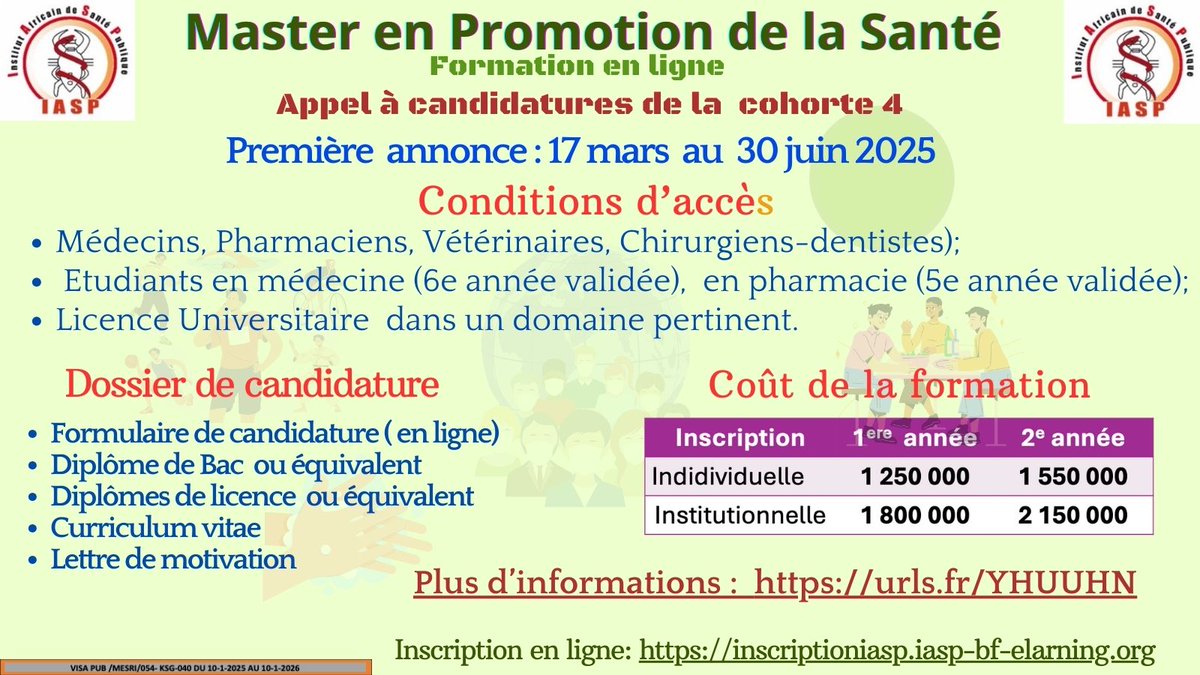 IASP_BF's tweet photo. "Vous rêvez de devenir un Expert en Promotion de la Santé ? Inscrivez-vous au Master en ligne à l'IASP ! https://t.co/nBhGIja4Fu