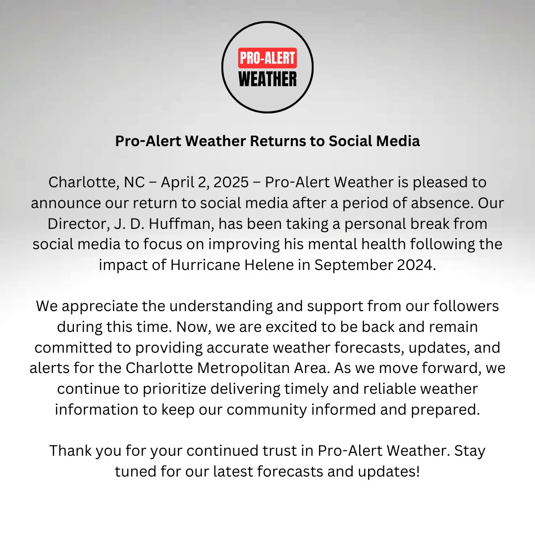 ProAlertWeather's tweet image. PRESS STATEMENT

WEDNESDAY, APRIL 2, 2025

#ProAlertWeather #JDHuffmanPAW  #NCWX #SCWX #CLTWX #Charlotte #PressStatement