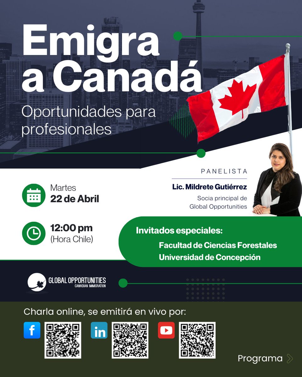 Charla online de Global Opportunities: "Emigra a Canadá, oportunidades y requisitos para profesionales", 
Fecha: 22 abril a las 12:00h, en vivo desde las siguientes redes sociales:
👉facebook.com/events/1407573…
👉youtube.com/live/SZ9l5vCmc…
👉linkedin.com/events/c-moemi…