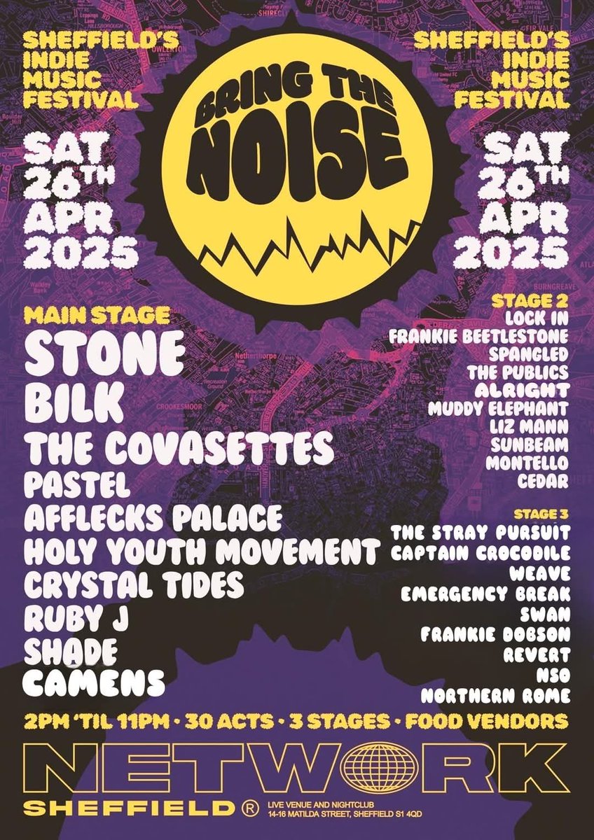 Bring The Noise Festival Sheffield on Saturday 26th April at Network Sheffield 

Full line up with 3rd stage at Record Junkee added

Tickets are selling fast 
fatsoma.com/e/h82sl5pt/bri…