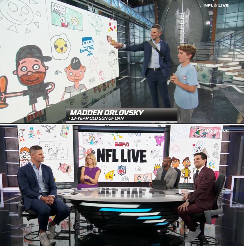 This is awesome... the artwork of <a href="/danorlovsky7/">Dan Orlovsky</a>'s son Madden is featured on all the screens in ESPN's NFL Live studio today in recognition of #WorldAutismAwarenessDay

Dan is one incredibly proud dad - and a great father. And Madden is super talented. What a moment for him.