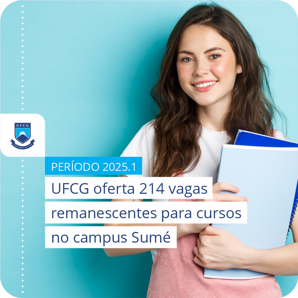 UFCG oferta 214 vagas remanescentes para cursos no campus Sumé. Inscrições vão até 30 de abril. Seleção será feita com base no Histórico Escolar (ou equivalente) do candidato

Para mais informações, leia a matéria &gt;&gt; tinyurl.com/mr4bsx74