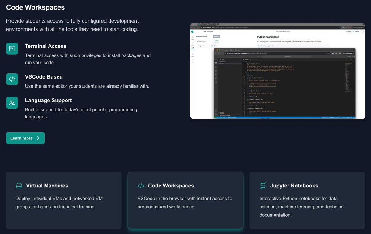 swizzlez_'s tweet photo. We've got a great all around platform at @getCourseStack, but our customers choose us over the competition for one simple reason... 

We give them superpowers to provide amazing hands-on learning to their students. ✨ 

No-Code. Simple. Scalable. 

💻 Virtual Machines - completely customizable systems up to 32GB of RAM and 8vCPUs
</> Code Workspaces - VSCode in the browser with terminal access and preconfigured projects
📊 Jupyter Notebooks - Interactive code, data visualization, and persistent storage directly inline with lesson content

Interested in building a hands-on course, or adding these awesome capabilities to existing content?

Reach out to @getCourseStack , myself, or comment below! 👇