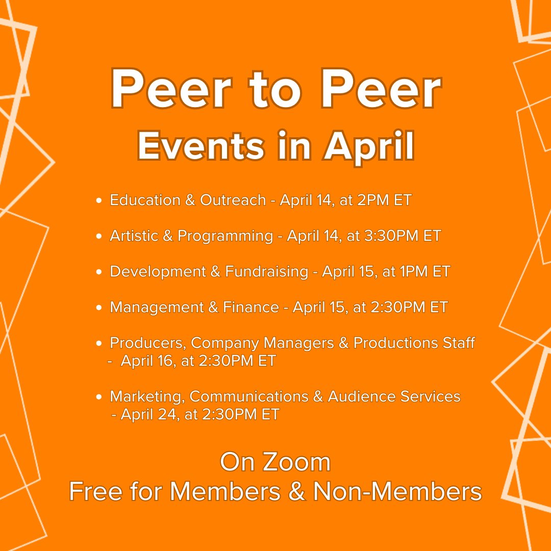Open to Members &amp; Non-Members, our Peer-to-Peer events are great spaces to learn, network, and share you expertise with the Canadian community of theatre workers!
Register for any of these sessions today on our Calendar!