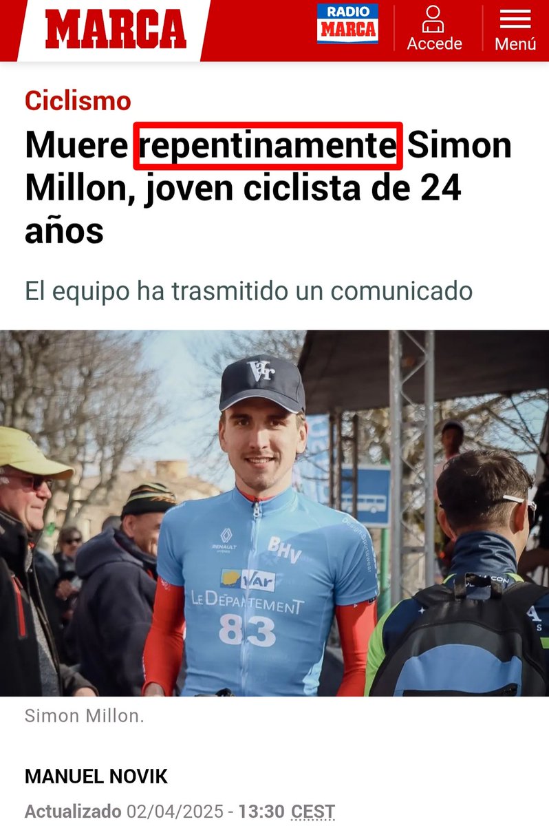 🚨🚨 Nueva #repentinitis sobre ruedas: muere Simon Millon, joven ciclista de 24 años‼️

💔 Se desconocen las causas

Los covidiotas culparán al clima cambiático 😷🐑

💉 Seguro que las vacunas no han tenido nada que ver

DEP

Gracias <a href="/zangamenon/">zangamenon💚۞💚 #JusticiaParaUTP</a>