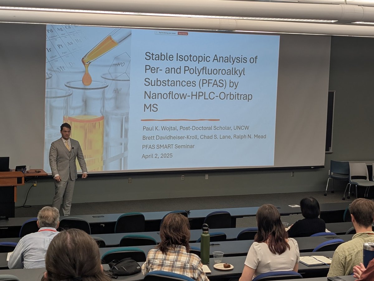 Post-Doctoral Scholar Paul Wojtal giving one of several informative presentations today at the PFAS SMART Seminar with <a href="/thermofisher/">Thermo Fisher</a> and the NC PFAS Testing Network, hosted at <a href="/UNCW_CMS/">UNCW_CMS</a>. Learn more about forever chemicals and UNCW's involvement ⤵️

📰 tinyurl.com/w5h7ccps