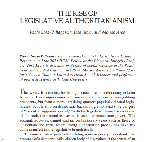 Paolo Sosa Villagarcia (@paolososa) on Twitter photo Acaba de publicarse en el nuevo nĂşmero del <a href="/JoDemocracy/">Journal of Democracy</a> este ensayo en el que examinamos un camino poco explorado hacia el autoritarismo: el desequilibrio de poderes en favor del Legislativo. Pueden leerlo de forma gratuita en el siguiente enlace: muse.jhu.edu/article/954567 Acaba de publicarse en el nuevo nĂşmero del <a href="/JoDemocracy/">Journal of Democracy</a> este ensayo en el que examinamos un camino poco explorado hacia el autoritarismo: el desequilibrio de poderes en favor del Legislativo. Pueden leerlo de forma gratuita en el siguiente enlace: muse.jhu.edu/article/954567