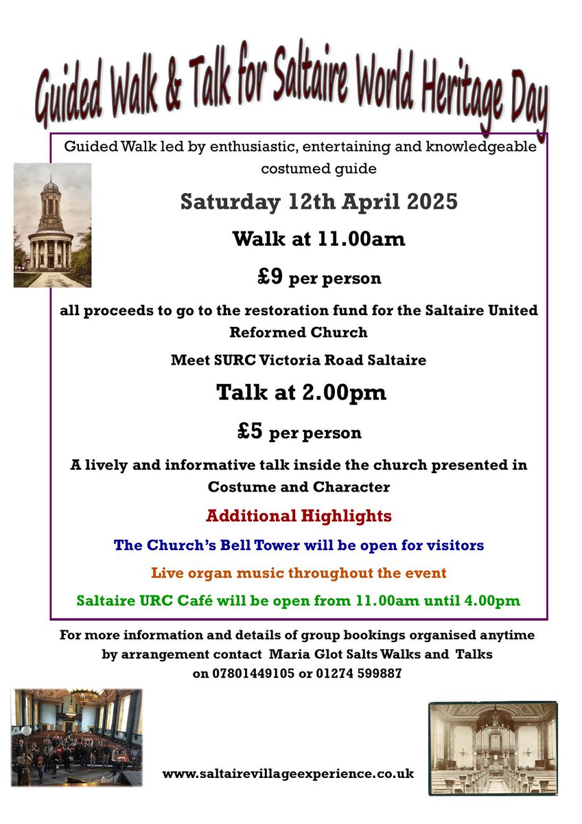 #SALTAIRE World Heritage Day SPECIAL 2025
Maria Glot entertains in a guided walk of the village. Roll up at 11am.
At 2pm a talk you’ll never forget in the Grade I Listed United Reformed Church.
All proceeds to the church. SATURDAY APRIL 12th