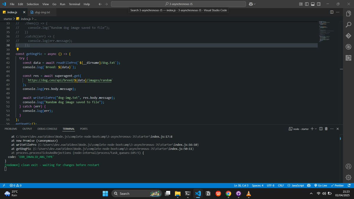 emmanuelao_'s tweet image. Day 7&8 of #100DaysofCode with NodeJS!
✅The Problem with Callbacks_ Callback Hell
✅From Callback Hell to Promises
✅004 Building Promises
✅Consuming Promises with Async_Await
✅Returning Values from Async Functions
✅Waiting for Multiple Promises Simultaneously