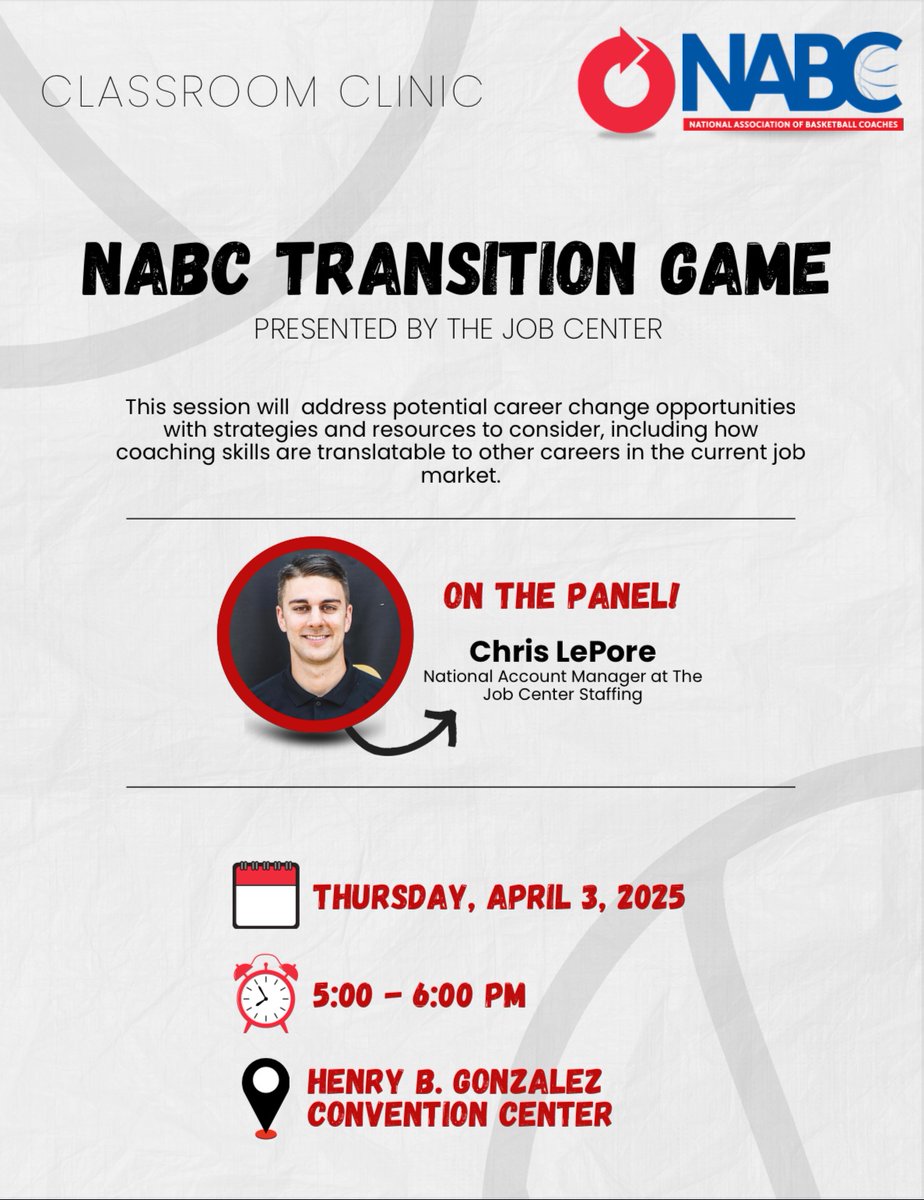 I’m on the panel for the NABC’s Transition Game session tomorrow in San Antonio! 🏀

If you’re curious about how your skillset might translate to careers outside of coaching, this will be insightful. This session was super impactful for me as an attendee last year. 🙏