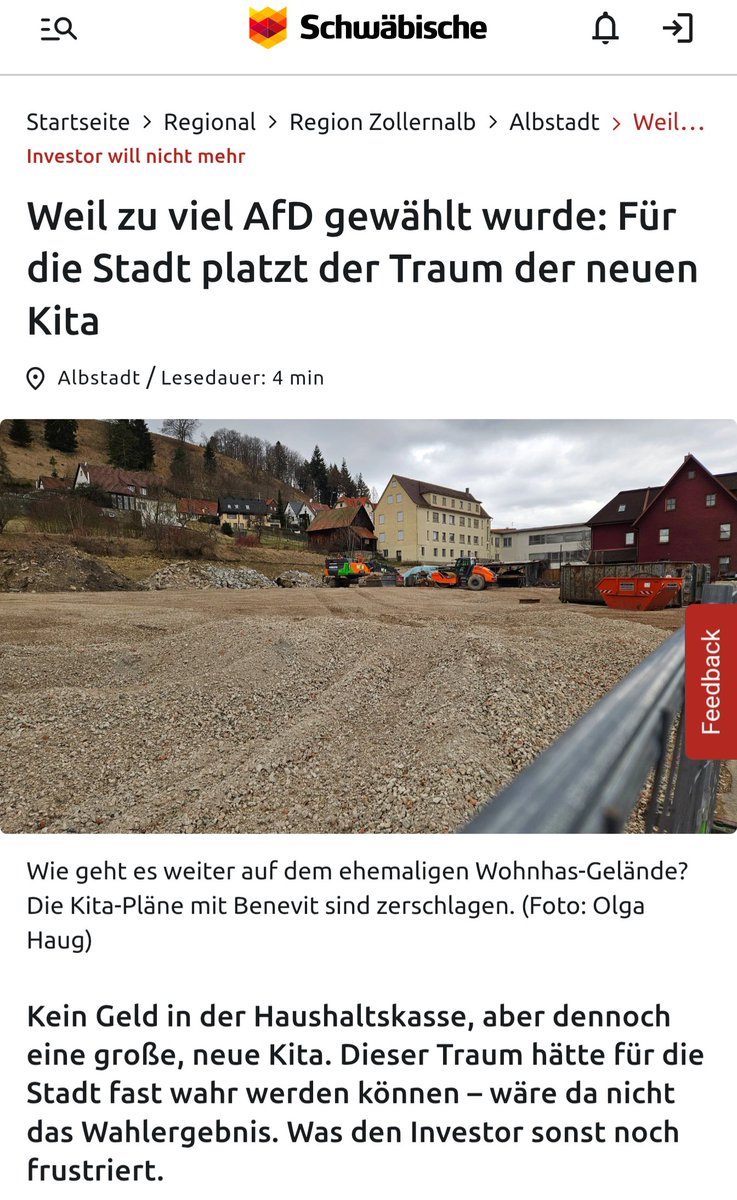 germanniag's tweet photo. In Schwaben stoppt der Investor #Benevit sein Engagement und den Bau einer Kita, weil zu viele Menschen die AfD gewählt haben. 🤡 https://t.co/fvizJQfwxA
