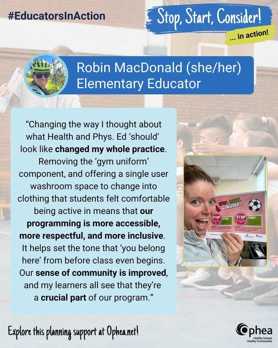 opheacanada's tweet photo. Our #EducatorsInAction are back at it, using our #StopStartConsider: Doing #GenderInclusive PE & Sport planning support to foster affirming H&PE environments for #EveryStudent. When learning environments are inclusive, everyone wins! Explore this resource: https://t.co/7EaIOg30Km https://t.co/ZaDpWSIB3h