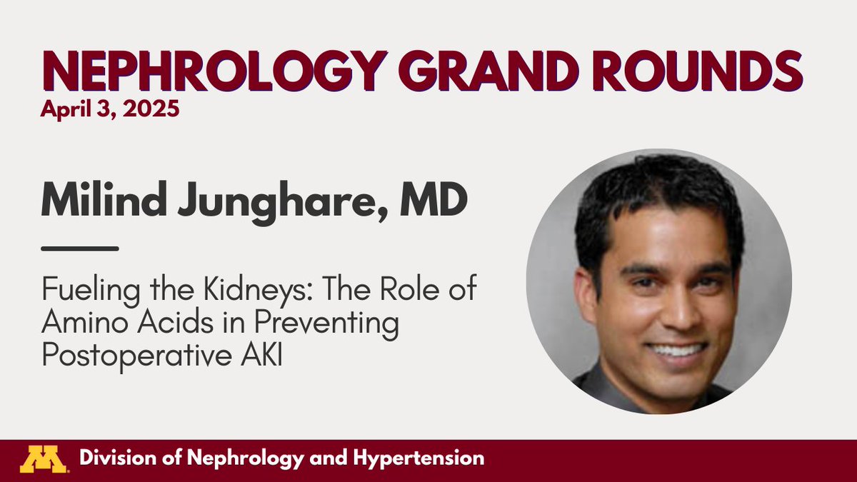 Dr. Milind Junghare will be presenting tomorrow's Nephrology Grand Rounds on "Fueling the Kidneys: The Role of Amino Acids in Preventing Postoperative AKI."

📅 April 3, 2025
⏰ 8-9am
📍 717 Delaware, Room 303