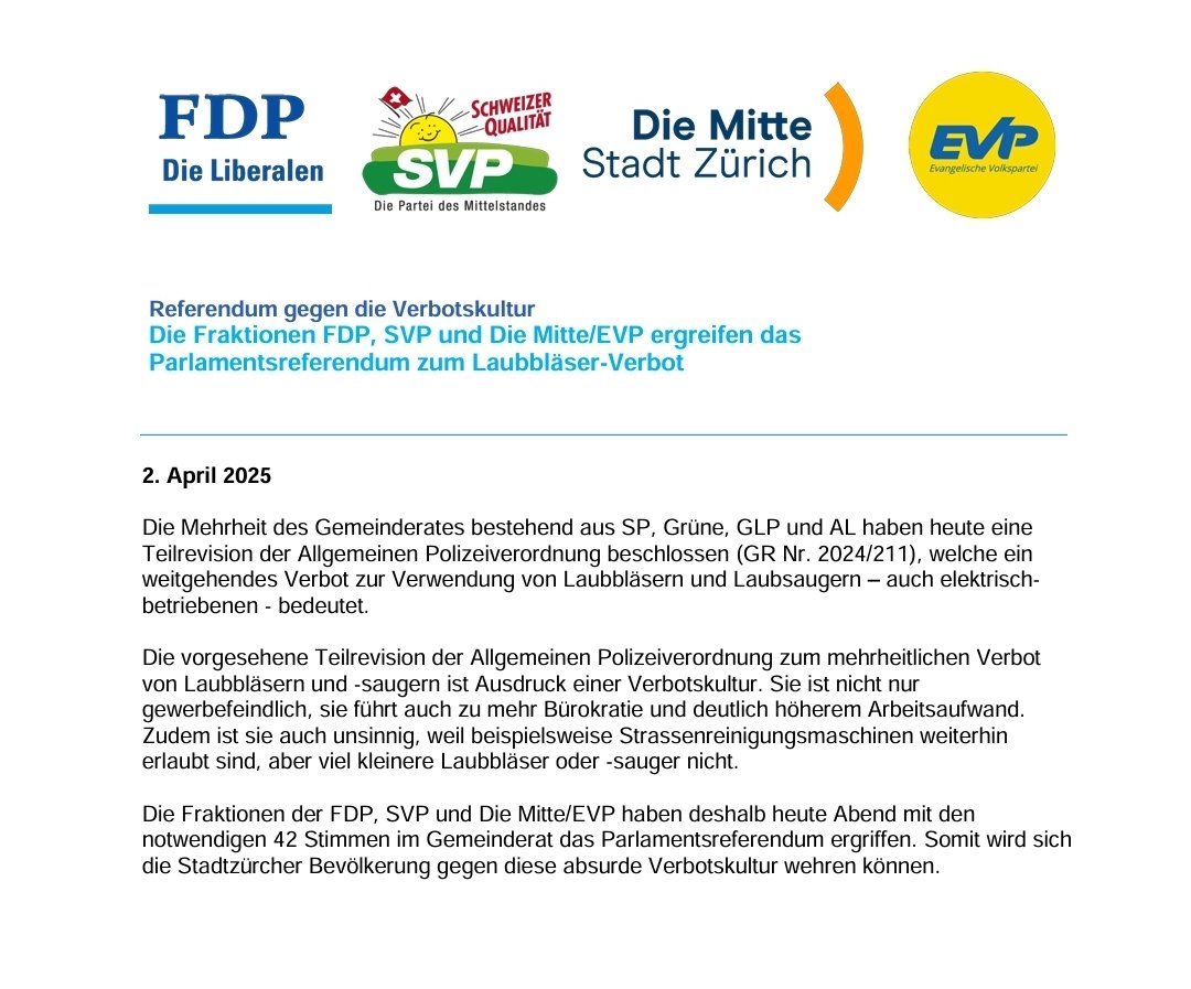 Përparim Avdili (@perparimavdili) on Twitter photo Heute wurde gegen das unsinnige Laubbläser-Verbot das Parlamentsreferendum ergriffen - die Stimmbevölkerung kann sich nun zur Verbotskultur aussprechen.
<a href="/mehblau/">FDP Stadt Zürich</a> Heute wurde gegen das unsinnige Laubbläser-Verbot das Parlamentsreferendum ergriffen - die Stimmbevölkerung kann sich nun zur Verbotskultur aussprechen.
<a href="/mehblau/">FDP Stadt Zürich</a>