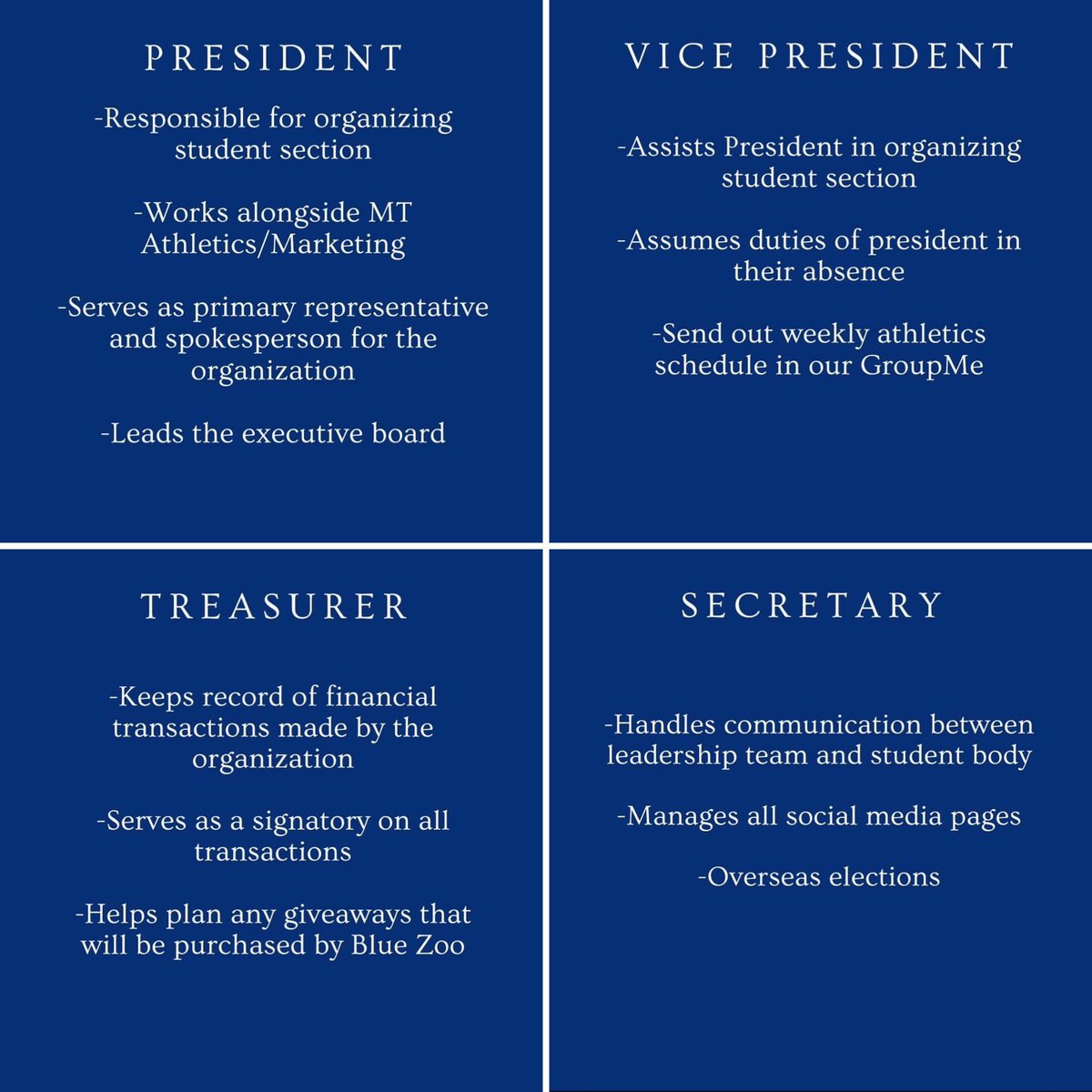It is that time for Blue Zoo Officer Elections!!! We are filling all positions for next year! If you’re interested. Please fill out the Google form below! 

Fill out the form here: docs.google.com/forms/d/e/1FAI…
