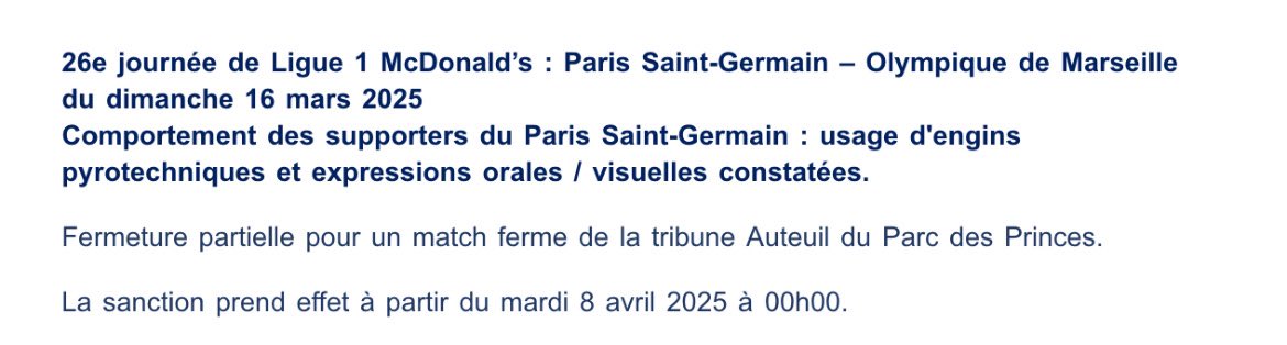 karimattab1's tweet photo. #LFP fermeture partielle pour un match ferme de la tribune Auteuil, suite aux incidents du match #PSGOM pour usage d'engins pyrotechniques et expressions orales / visuelles constatées…
La sanction prend effet mardi 8 avril….
#Rabiot #TeamOM @OM_Officiel https://t.co/U0tUN4bG3r