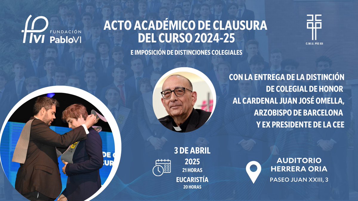 CMU Pío XII (@cmu_pioxii) on Twitter photo 🗓Mañana, 3 de abril
🕘 Acto académico de clausura del curso e imposición de distinción de colegial de honor al <a href="/OmellaCardenal/">Card. Juan José Omella</a>, Arzobispo de <a href="/esglesiabcn_es/">Iglesia de Barcelona ⛪️</a> 🗓Mañana, 3 de abril
🕘 Acto académico de clausura del curso e imposición de distinción de colegial de honor al <a href="/OmellaCardenal/">Card. Juan José Omella</a>, Arzobispo de <a href="/esglesiabcn_es/">Iglesia de Barcelona ⛪️</a>