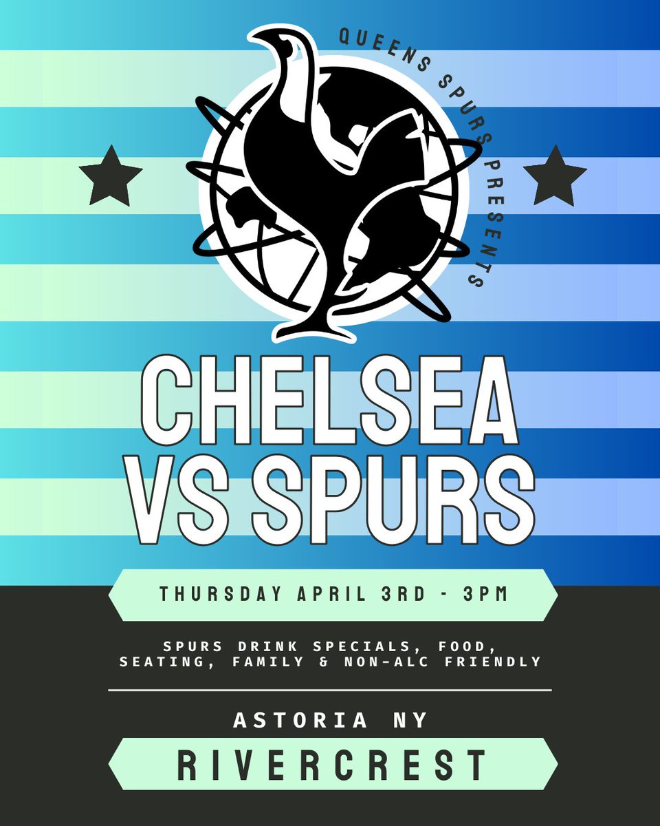 The international break is over and the boys head to Stamford Bridge to take on our hated rivals from West London! Join us at Rivercrest on Thursday for a 3pm kickoff! #coys #tottenhamhotspur #spurs #thfc #premierleague #astoria #queens