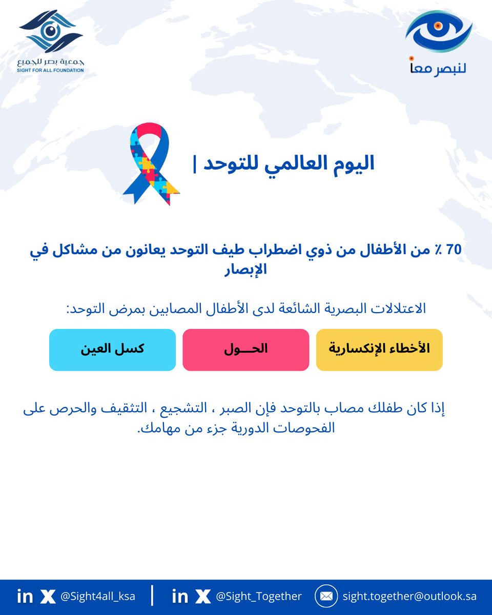 أهم الاعتلالات البصرية الشائعة لدى الأطفال المصابين بالتوحد

#اليوم_العالمي_للتوحد 
#لنبصر_معاً 
#بصر_للجميع