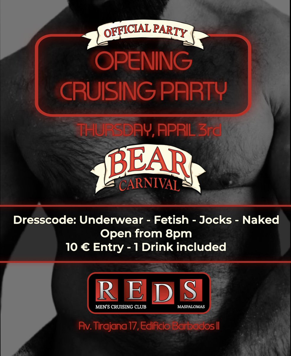 TOMORROW!! (Thursday 3)
🔴First official Party of Bear Carnival at REDS CLUB 🔴
Let’s start the carnival having  some fun with this opening cruising party  🔥
Everyone is invited. See you there 🧸😈