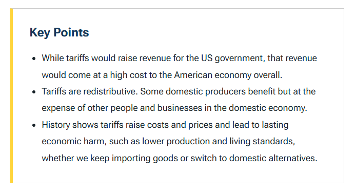 Tariffs are taxes.

Tariffs are regressive taxes.

Tariffs are distortionary, regressive taxes.

Tariffs are distortionary, regressive taxes that raise prices for US businesses and consumers.