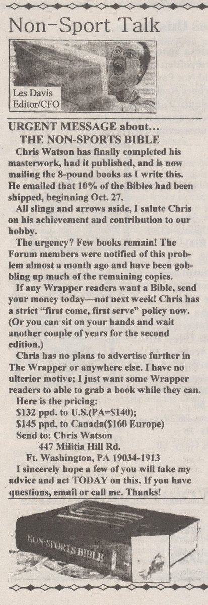 Today's look back at hobby publication ads is a double feature for the legendary Non-Sports Bible by Chris Watson, a massive tome of a book that now regularly sells for over $500!   From issue #231 of The Wrapper, Nov. 15, 2008.
#HobbyLibrary #HobbyHistory