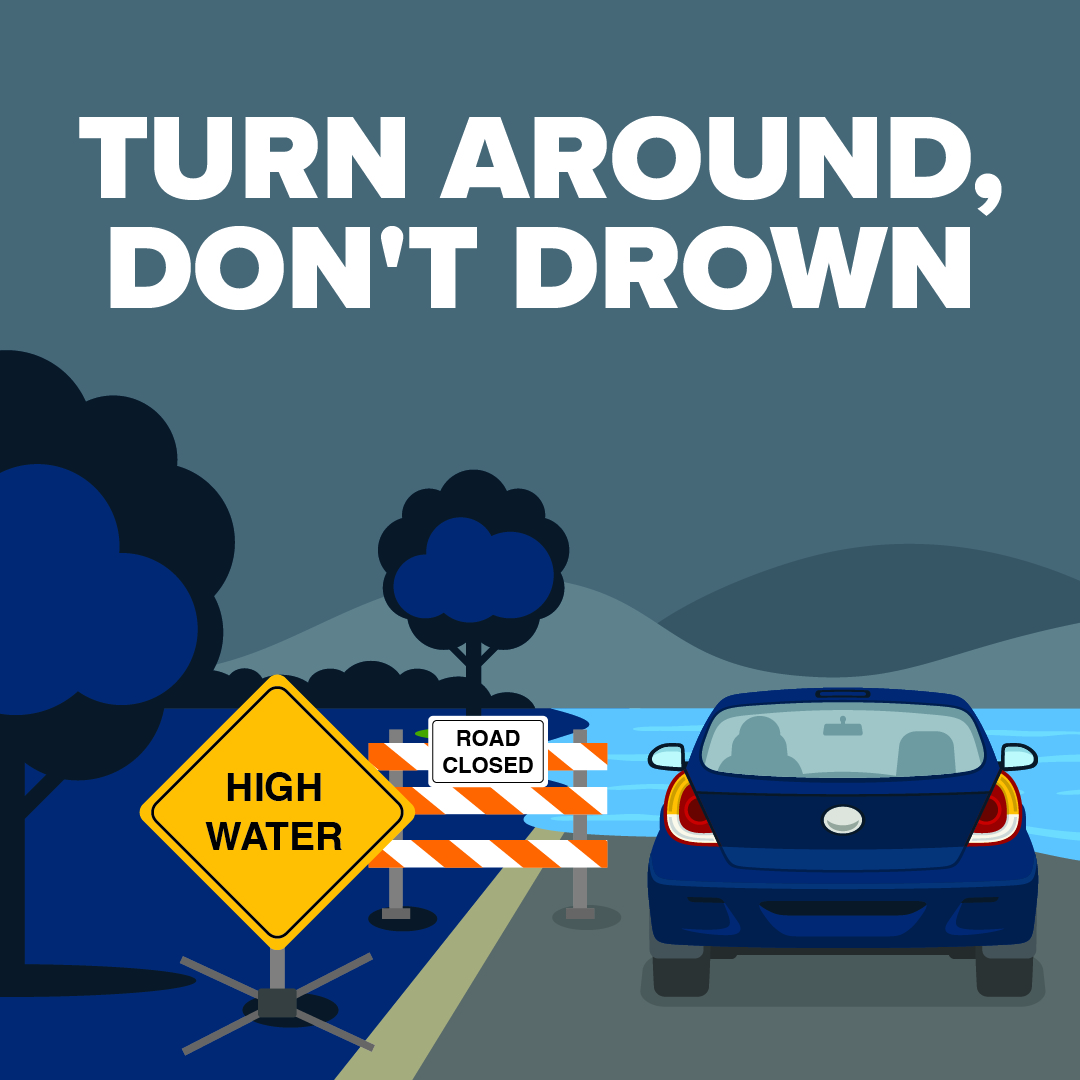 Heavy rain is on the way! 🌧️ Remember—never drive through flooded roads. Just a few inches of water can sweep your vehicle away. Stay safe: Turn Around, Don’t Drown! #DriveSmartKY #FloodSafety