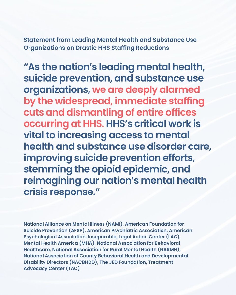 MHA has joined @namicommunicate and 10 other leading mental health and substance use organizations in issuing a joint statement following the announcement of widespread staffing cuts at the U.S. Department of Health and Human Services (HHS). 

Read more: mhanational.org/news/statement…