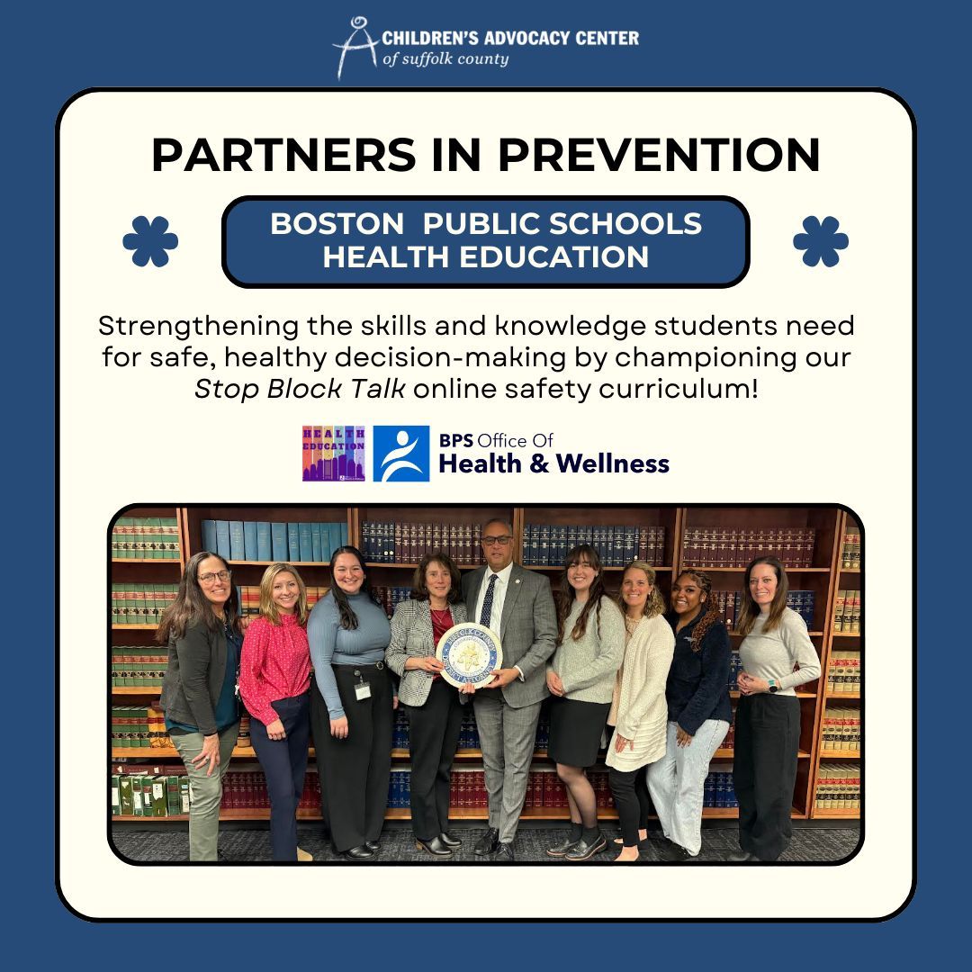 Children's Advocacy Center of Suffolk County (@suffolkcac) on Twitter photo April is #ChildAbuseAwarenessMonth & we are honored to highlight our #PartnersInPrevention, the <a href="/bostonschools/">BostonPublicSchools</a> Health Education team! They've incorporated our #StopBlockTalk online safety lessons into their curriculum, equipping students w/the skills needed to prevent abuse! April is #ChildAbuseAwarenessMonth & we are honored to highlight our #PartnersInPrevention, the <a href="/bostonschools/">BostonPublicSchools</a> Health Education team! They've incorporated our #StopBlockTalk online safety lessons into their curriculum, equipping students w/the skills needed to prevent abuse!