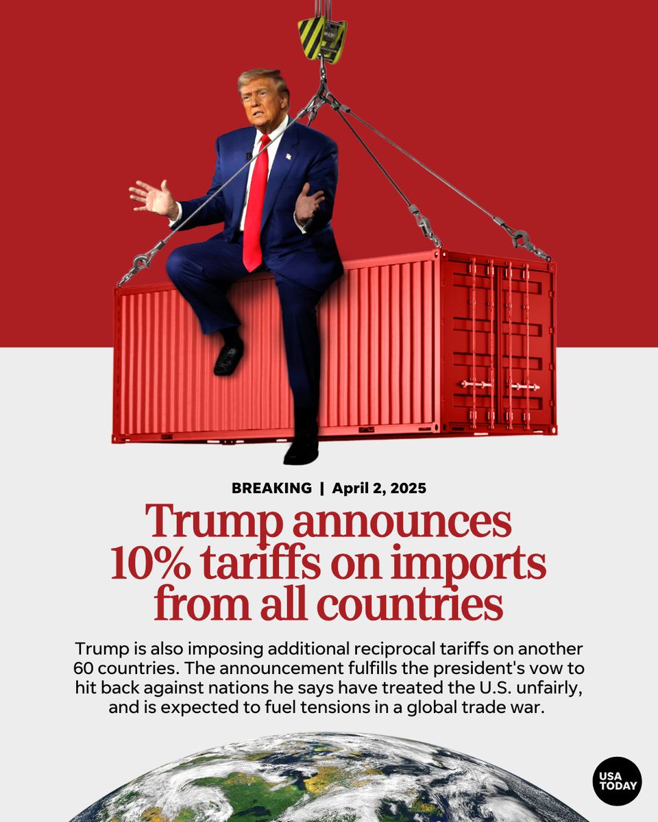 USATODAY's tweet image. President Trump has enacted 10% import tariffs against all countries as part of his highly anticipated global tariff plan. More details: usatoday.com/story/news/pol…