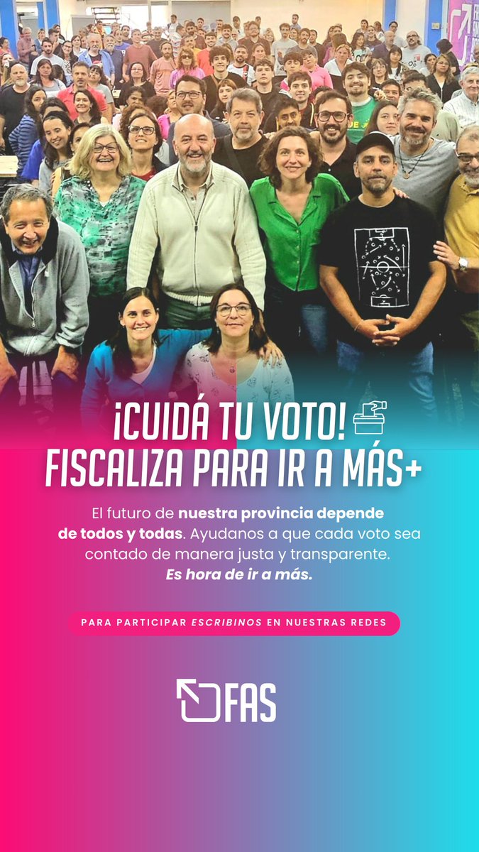 El 13 de abril ¡CUIDÁ TU VOTO! 🗳 

Sumate a fiscalizar con el FAS para ir a MÁS ✨️

📌Anotate acá 👇 docs.google.com/forms/d/e/1FAI…