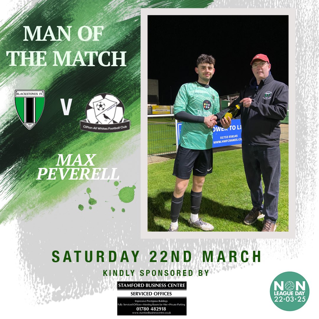Congratulations to <a href="/MaxPeverell/">Max Peverell</a> on his selection as Man of the Mqtch tonight - a worldie of a save in the first half was more than enough to justify this.

Thanks to Stamford Business Centre for choosing Max and sponsoring tonight’s game.
