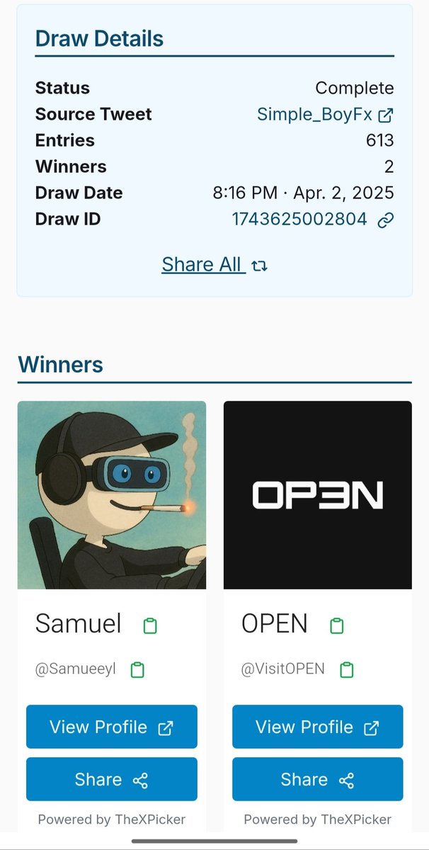 #Xpicker 🏆 Congratulations winners 🎉 

<a href="/Samueeyl/">Samuel</a>
<a href="/VisitOPEN/">OPEN</a> 

but the charge the 2nd winner with <a href="/fawankalian/">Fawankalian</a> bcuz is a company handle.

 Draw I'd: 1743625002804

Kindly Dm <a href="/armytrader365/">Armytrader 🥷</a> to claim your $15 each, thank you 🙏