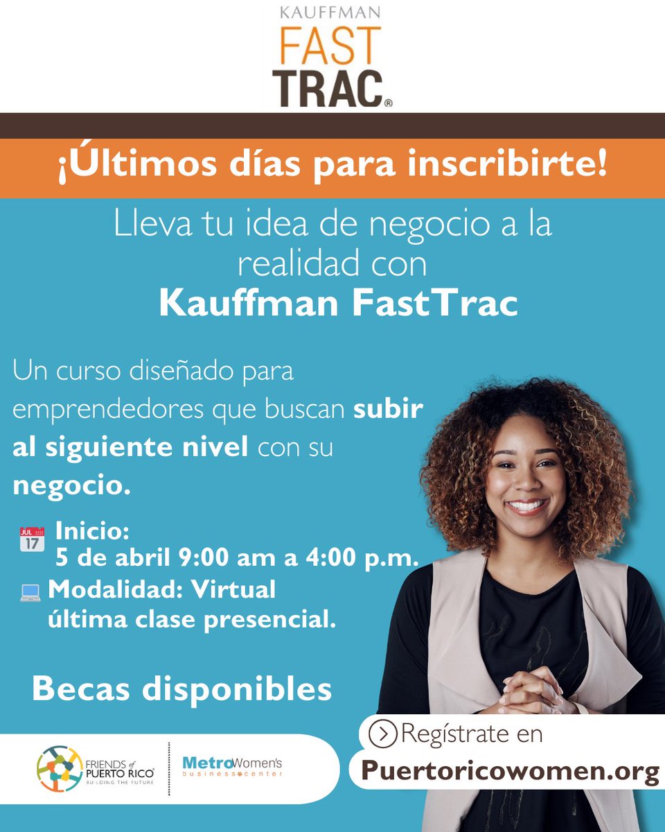 MWBCPR's tweet image. 🚀 ¡Últimos días para unirte a a la 3era cohorte de FastTrac !🚀

¿Tienes una idea de negocio? ¡Este es el momento para hacerlo realidad!

Modalidad: Virtual (Última clase presencial en el Colegio Universitario de San Juan)
Becas de hasta el 100% disponibles.