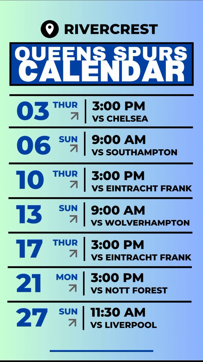 A whole lot of fixtures to enjoy with the @spursqueens fam at Rivercrest in April! Hopefully we can keep our Europa League dreams alive! #coys #spurs #tottenhamhotspur #thfc #europaleague #premierleague #astoria #queens