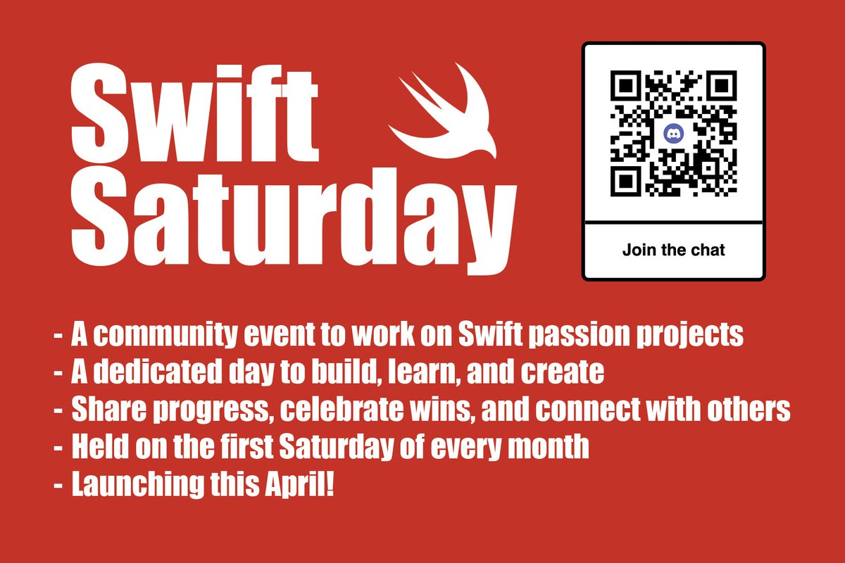 MattHeaney23's tweet image. Hey iOS Devs, Swift Saturday launches this weekend! 🎉
It's a monthly community event to help you carve out time for Swift passion projects.
No sign-up needed! Just build, share with #SwiftSaturday, and celebrate wins together.
Let’s build cool stuff! 💪💻