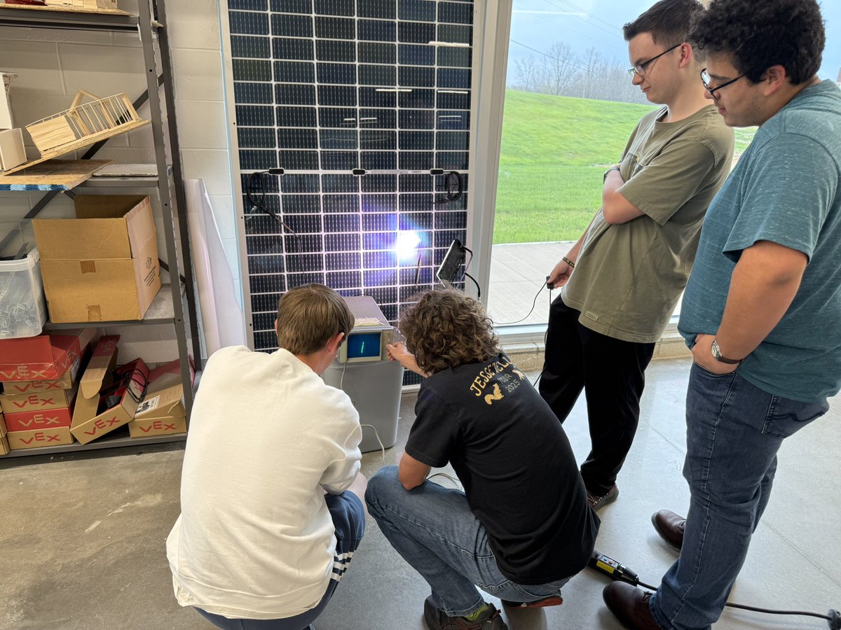 City Electric Supply donated a solar panel with cracks in the glass. The Graphic Design program gave us some laminating film to cover the cracks. PLTW Engineering students wired it up and it works great! <a href="/TableRockCC/">Table Rock Career Center</a> <a href="/PLTWorg/">Project Lead The Way</a>