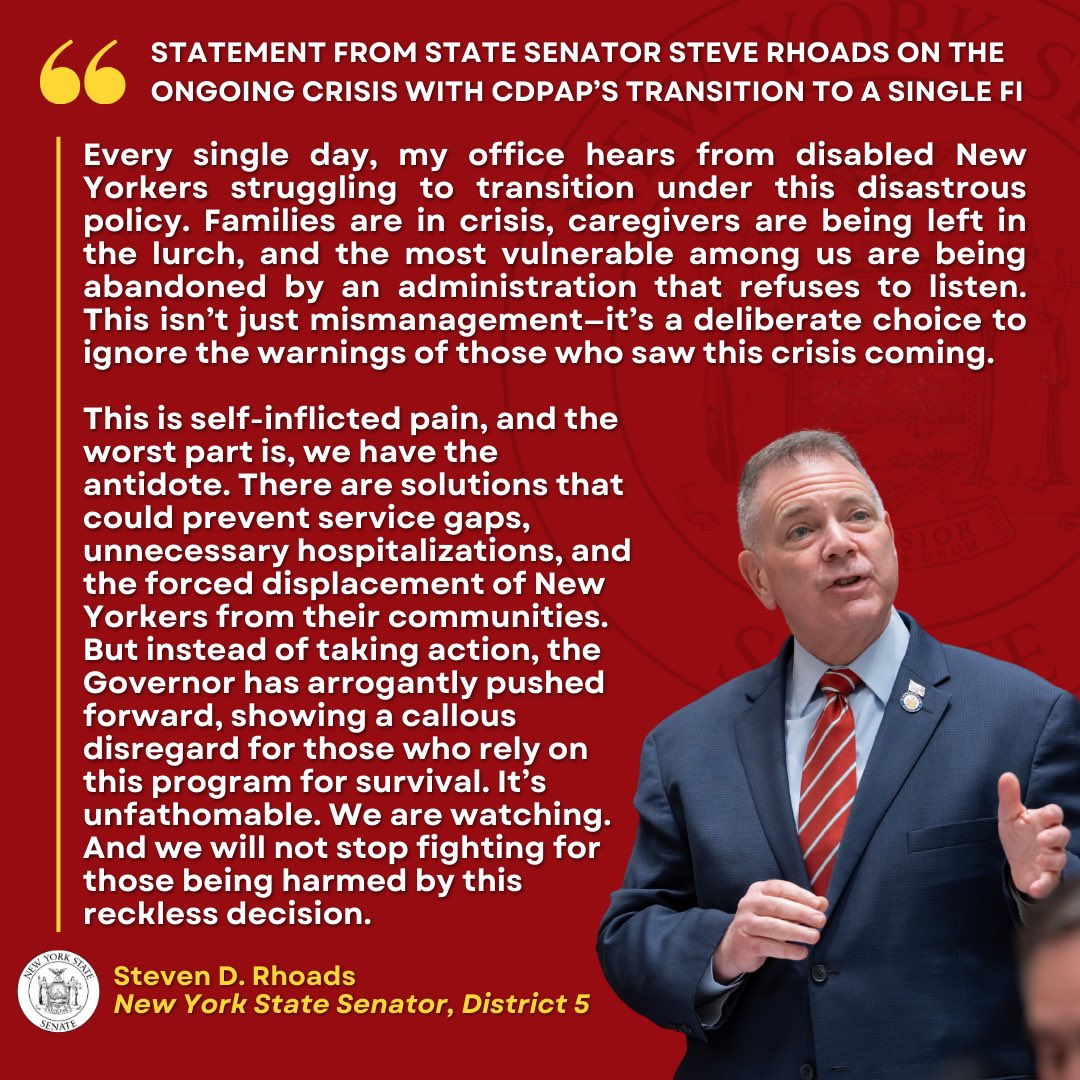 SenatorRhoads's tweet image. My statement on the ongoing crisis with CDPAP’s transition to a single FI 👇🏼 

#fighting4You #CDPAP #Health #SD5