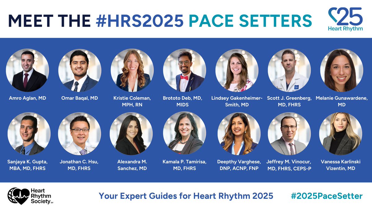 Heart Rhythm Society (@hrsonline) on Twitter photo Curious about what sessions your peers are going to attend at #HRS2025? Check out these top session picks from your #2025PaceSetter guides! bit.ly/3EbIPZl
#EPeeps <a href="/AmroAglanMD/">Amro Aglan</a> <a href="/omarjavedbaqal/">Omar Baqal, MD</a> <a href="/kcole_12/">Kristie Coleman</a> <a href="/BrototoD/">Brototo Deb (Brodie), MD, MIDS</a>
<a href="/lindseygake/">Lindsey Gakenheimer-Smith</a> <a href="/sgreenbergmd/">Scott J. Greenberg, MD, FHRS</a> <a href="/Mel_Gunawardene/">Melanie Gunawardene</a> Curious about what sessions your peers are going to attend at #HRS2025? Check out these top session picks from your #2025PaceSetter guides! bit.ly/3EbIPZl
#EPeeps <a href="/AmroAglanMD/">Amro Aglan</a> <a href="/omarjavedbaqal/">Omar Baqal, MD</a> <a href="/kcole_12/">Kristie Coleman</a> <a href="/BrototoD/">Brototo Deb (Brodie), MD, MIDS</a>
<a href="/lindseygake/">Lindsey Gakenheimer-Smith</a> <a href="/sgreenbergmd/">Scott J. Greenberg, MD, FHRS</a> <a href="/Mel_Gunawardene/">Melanie Gunawardene</a>