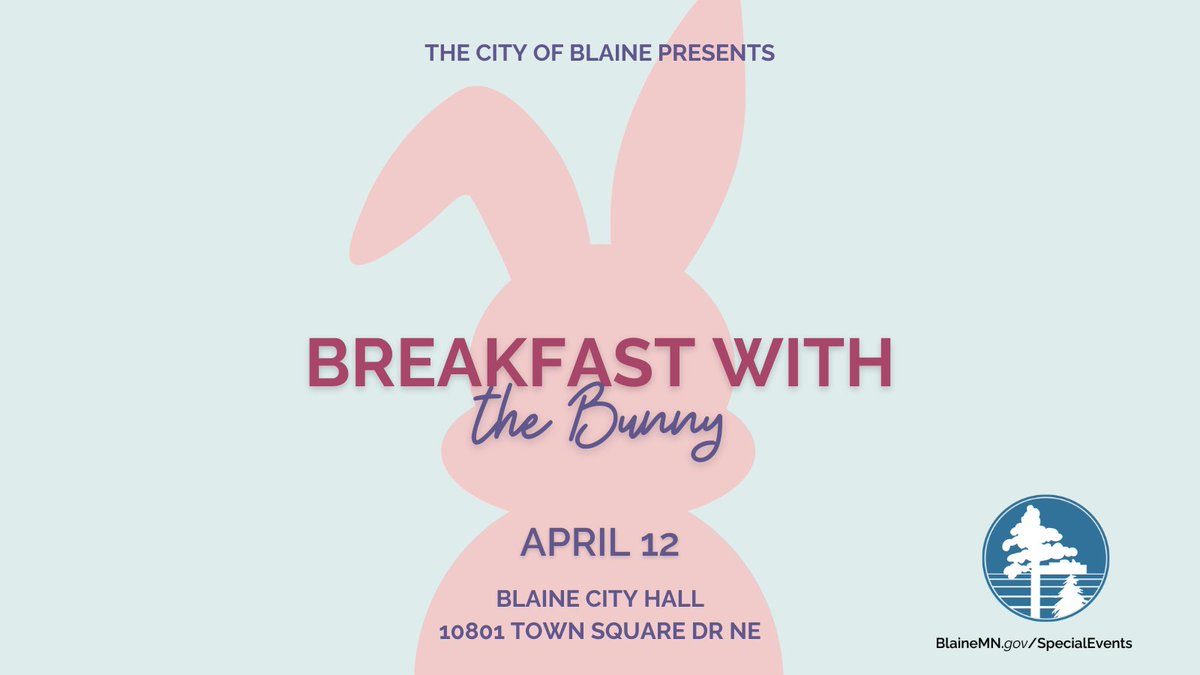 Breakfast with the Bunny – Spots Still Available! 🥞🐰
A few time slots are still open for April 12!
Enjoy breakfast, snap a photo with the Bunny, and celebrate spring all inside the Blaine City Hall Atrium.
 Register now: BlaineMN.gov/SpecialEvents
