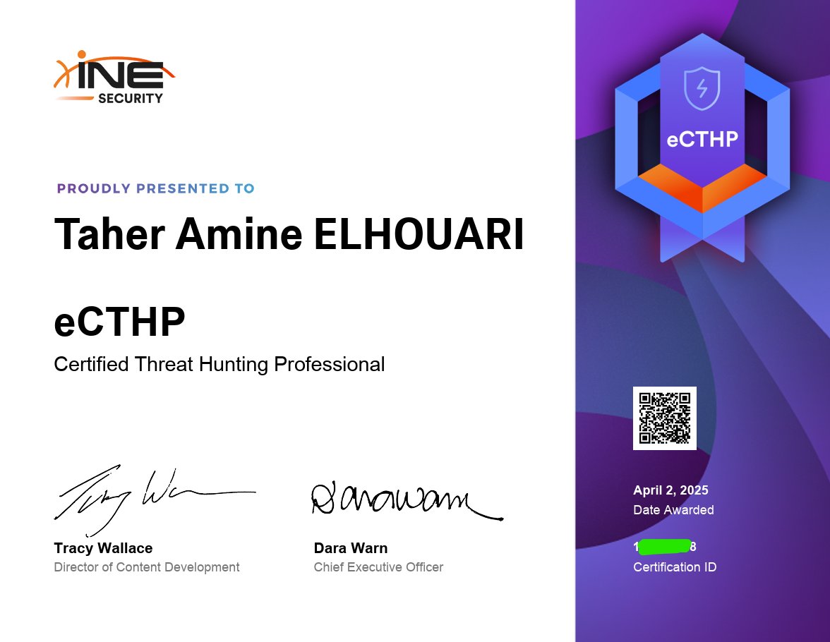 MrTaherAmine's tweet image. [CERTIFIED] #eCTHPv2 – Certified Threat Hunting Professional 🧠

#eCTHP #ThreatHunting #INE #Cybersecurity #BlueTeam #SOC #CSIRT #CERT #DFIR #CTI #TID #DetectionEngineering #MemoryForensics #LogAnalysis #CyberKillChain #ThreatIntelligence #IncidentResponse #HandsOnCertifications