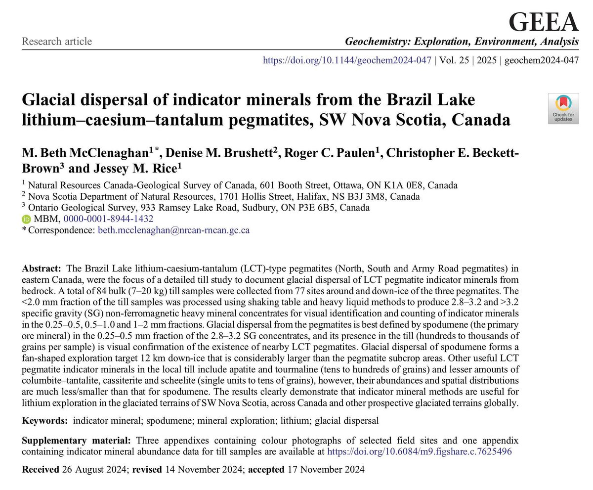 Some of our Nova Scotia research has just been published on the glacial dispersal from lithium pegmatites. It is Open Access, and available here:

doi.org/10.1144/geoche…