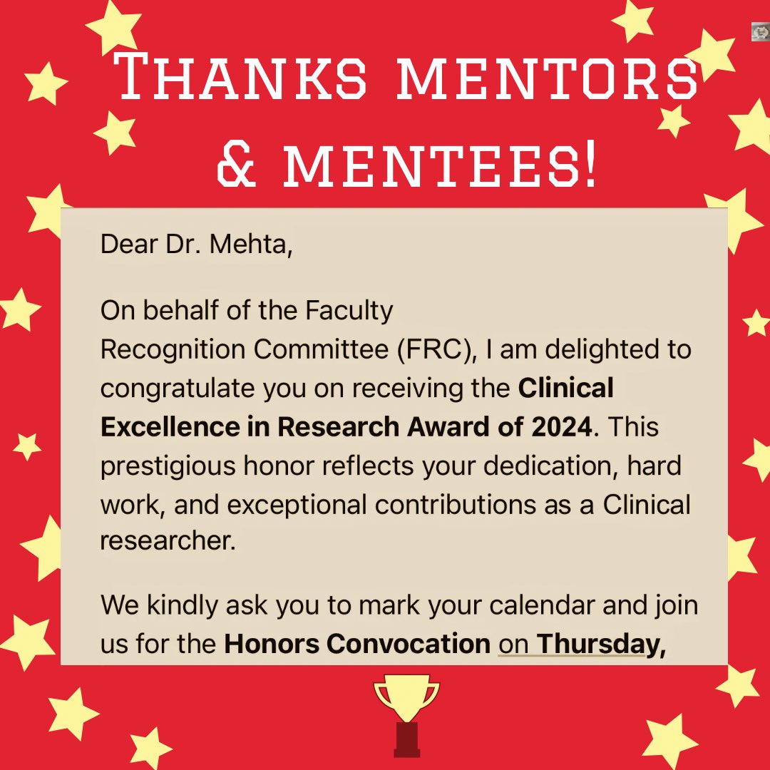 Honored to receive the Clinical Excellence in Research Award 2024! Grateful for the incredible mentors, colleagues, and team who make this work possible. Excited to celebrate at the Honors Convocation.

#ClinicalResearch #Gratitude #Honored #Teamwork