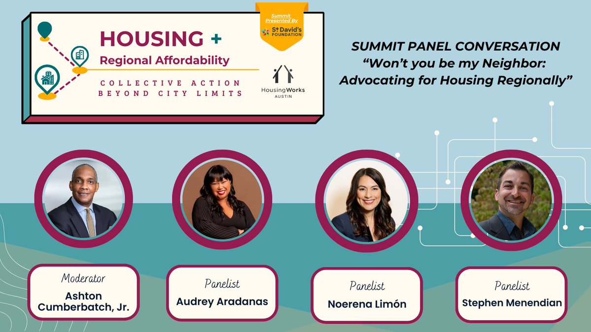 We're very excited for this panel conversation: “Won’t you be my Neighbor: Advocating for Housing Regionally” at our April 11th summit. 

Register today! housingworksaustin.org/summits/2025-s…