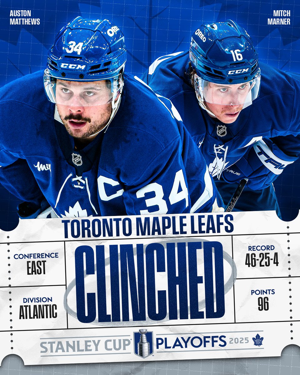 THEY'RE IN! 🍁

The <a href="/MapleLeafs/">Toronto Maple Leafs</a> have clinched their spot in the #StanleyCup Playoffs! 

The #StanleyCup Playoffs start on April 19 on <a href="/NHL_On_TNT/">NHLonTNT</a>, <a href="/espn/">ESPN</a>, <a href="/Sportsnet/">Sportsnet</a> and <a href="/TVASports/">TVA Sports</a>.