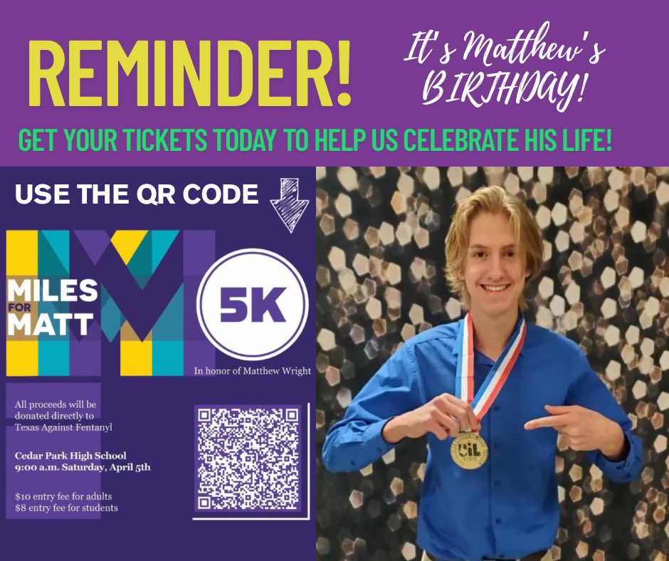 TXAFawareness's tweet photo. Miles for Matt 5k/Music Collaboration Sat, April 5th! Remember the life of Matthew Wright who is celebrating a heavenly birthday today โค๏ธ๐ scan the QR code #austintx #cedarparktx #atx #atxmusic #donate https://t.co/CjYRr5PNZw