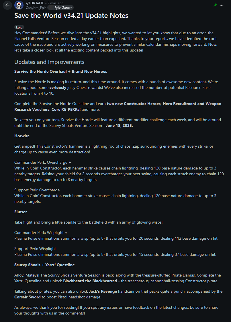 archer_fortnite's tweet image. Update notes for 34.21

Survive the Horde now has 10 different spawns for the Base locations, with 3 being randomly selected to defend.