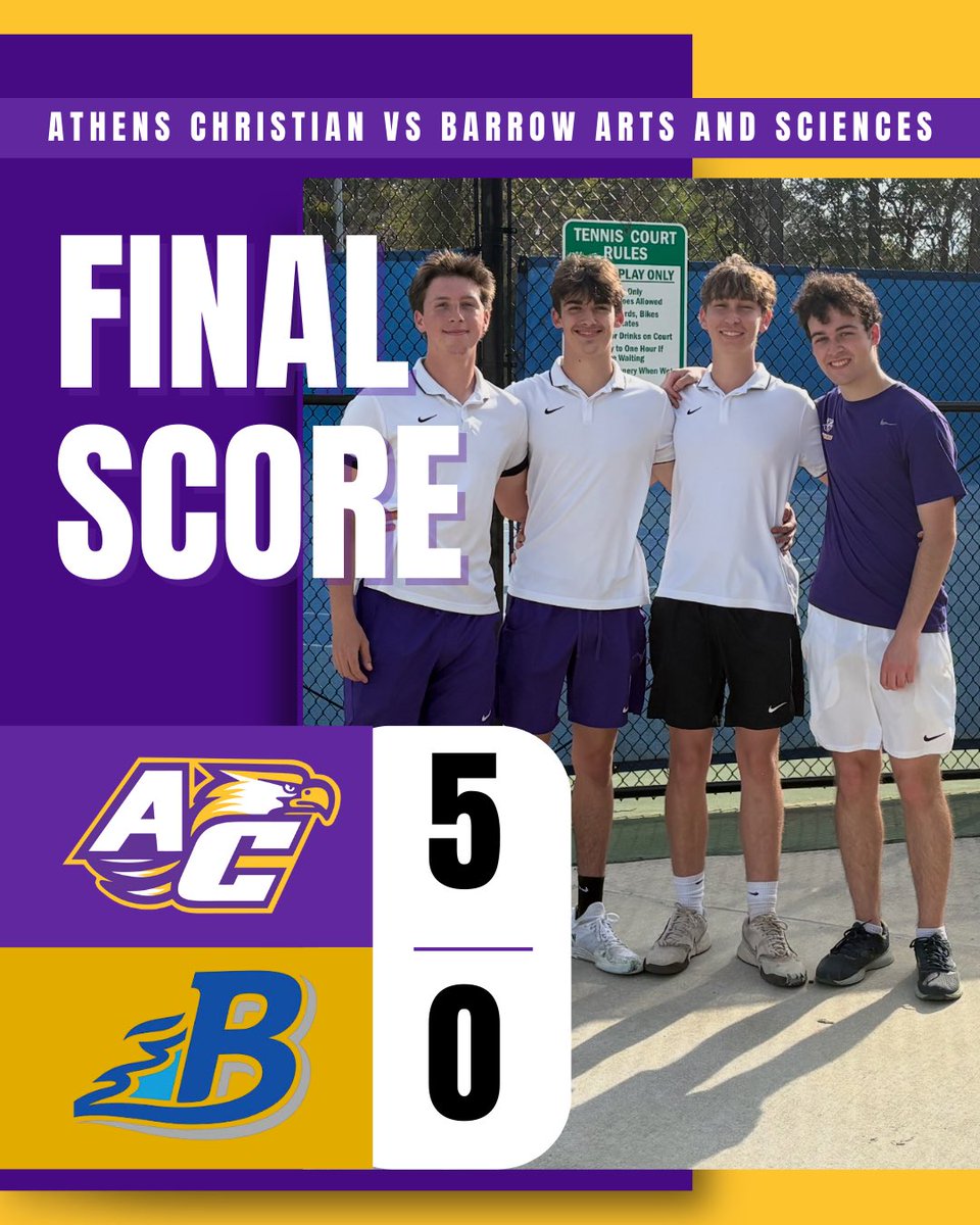 ACS_Eagle's tweet image. Eagles Tennis sweeps Barrow Arts &amp;amp; Sciences!
Boys &amp;amp; Girls teams dominate in Winder with strong singles and doubles wins.
Next up: Senior Night this Thursday at home vs. Tallulah Falls!
#ACSEagles #EagleTennis #SeniorNight #GoEagles